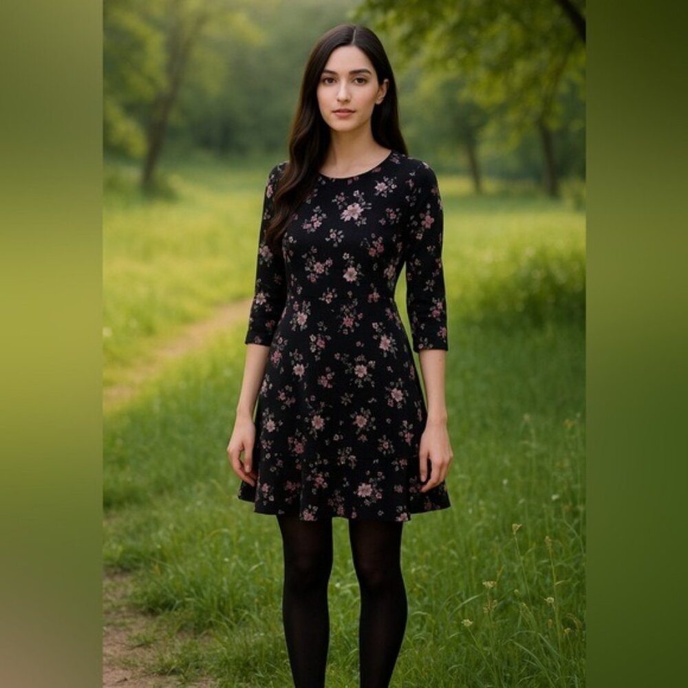 LOFT Black Floral Wildflower Flounce Dress Size 4 Romantic Dark Academia